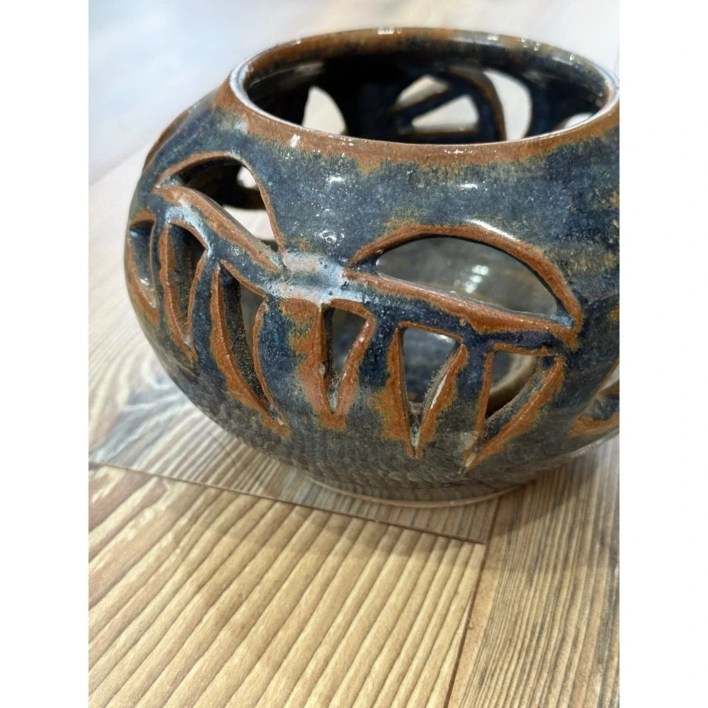 Vintage Studio Stoneware Pottery Open Work Tea light Candle Holder